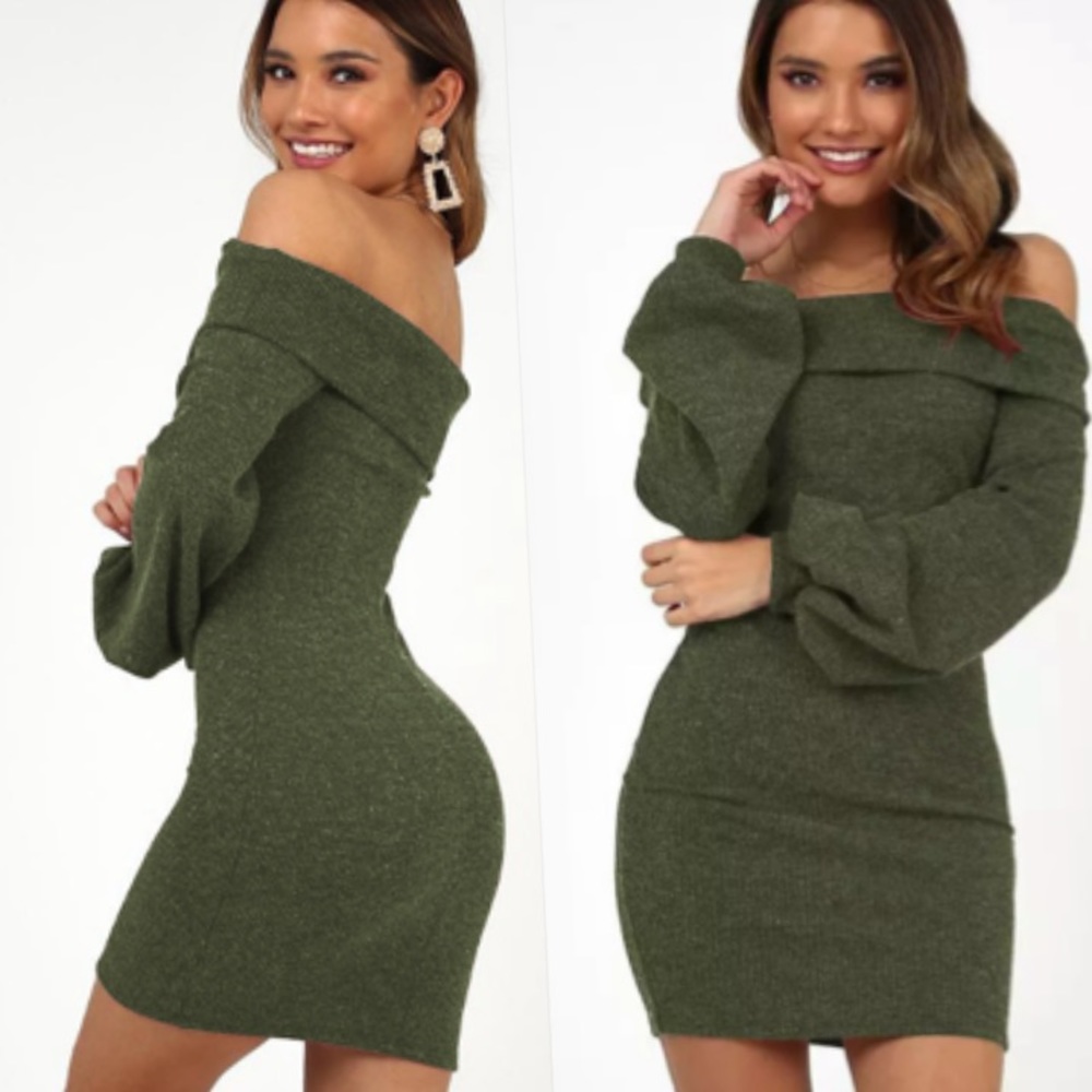 Soft green holiday off shoulder dress women’s - Picture 2 of 3